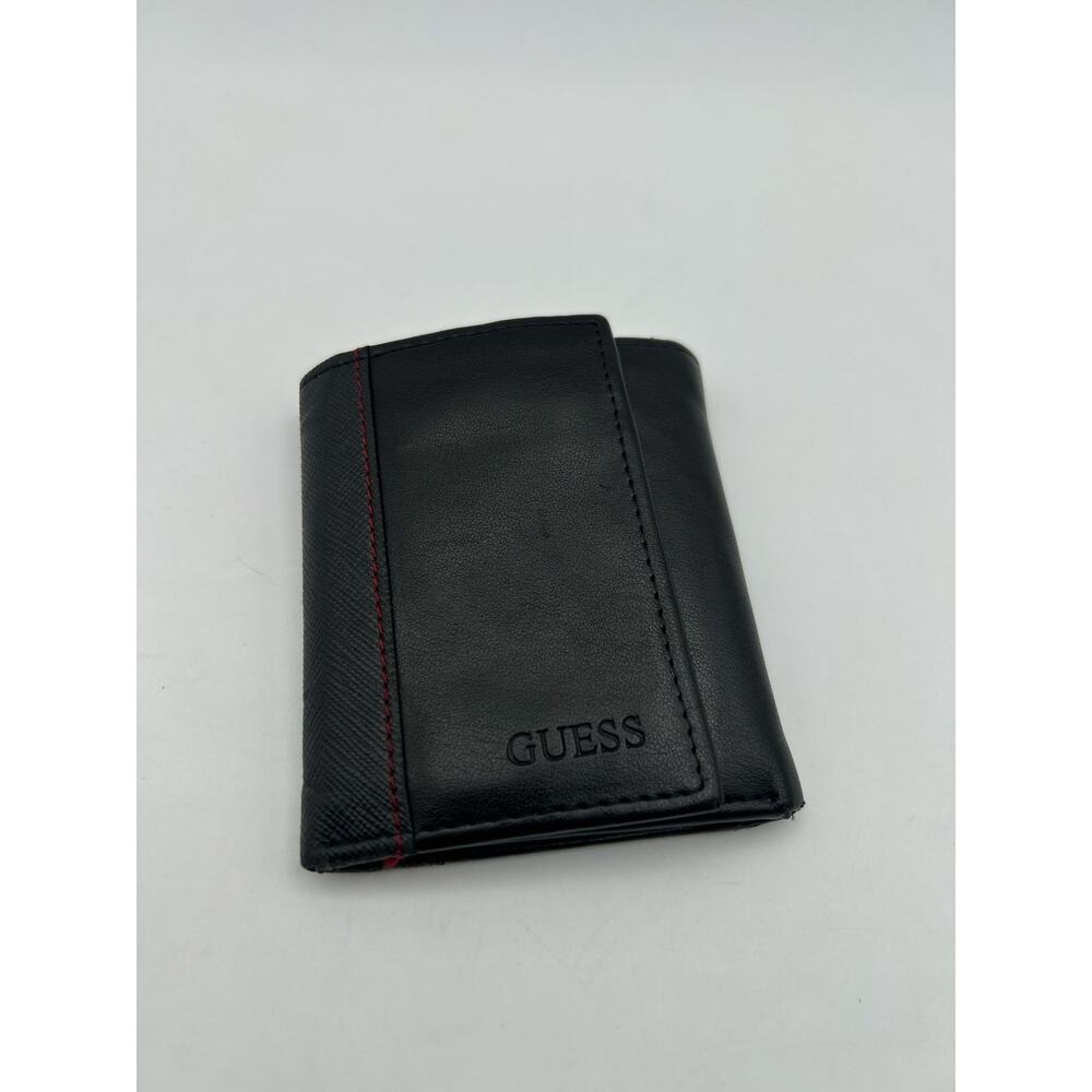 GUESS Black Trifold Wallet Mens Faux Leather Red Stitch ID Window Card Slot Slim